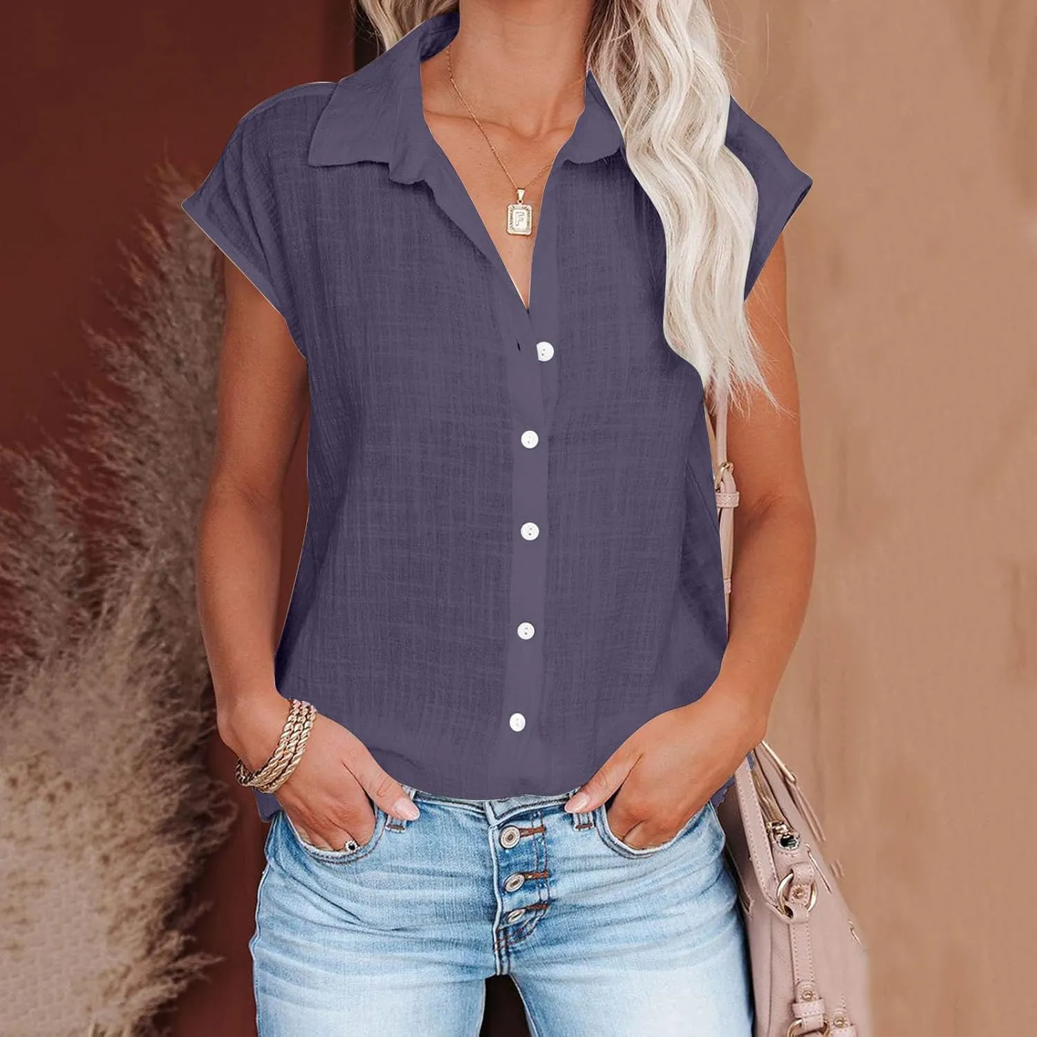 2024 Button Down Shirts for Women Lapel V Neck Dressy Linen Tops Summer Rollup Cap Sleeve Blouses Plus Size Tee Shirt