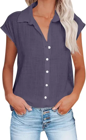 2024 Button Down Shirts for Women Lapel V Neck Dressy Linen Tops Summer Rollup Cap Sleeve Blouses Plus Size Tee Shirt