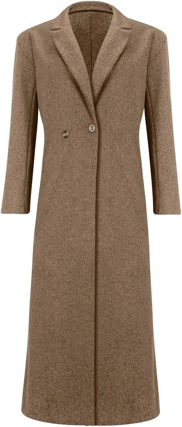 2024 Women's Winter Wool Blend Coat Oversized Double Breasted Long Trench Overcoat Long Sleeve Notch Lapel Coat