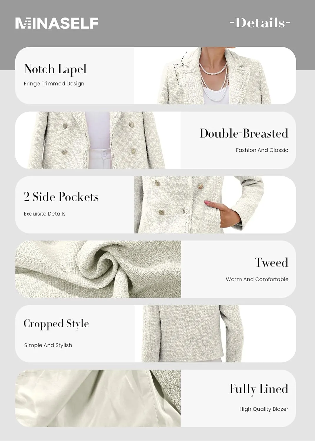 2025 Women's Spring Tweed Blazer Fashion Warm Fully-Lined Elegant Trendy Casual Double-Breasted Jacket with Pockets