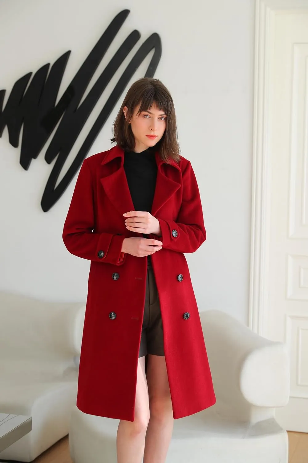 ACECOZY Women's Superior 100% Wool Trench Coat, Classy Long Wool Coat with Belt
