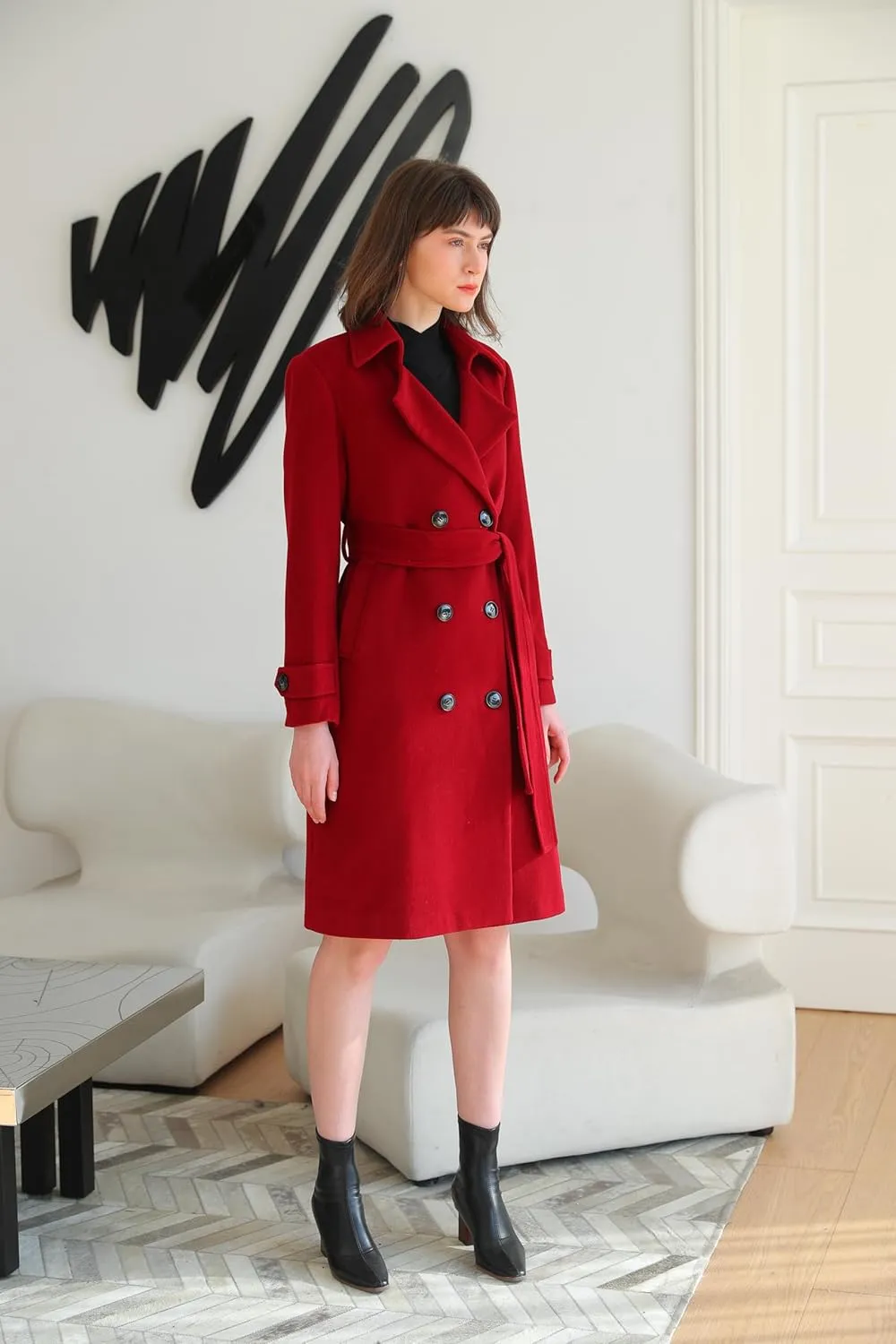 ACECOZY Women's Superior 100% Wool Trench Coat, Classy Long Wool Coat with Belt