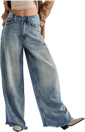 Akklian Women's Wide Leg Jeans Casual High Waisted Straight Stretch Denim Pants Frayed Raw Hem Retro 90s Baggy Jeans 2025