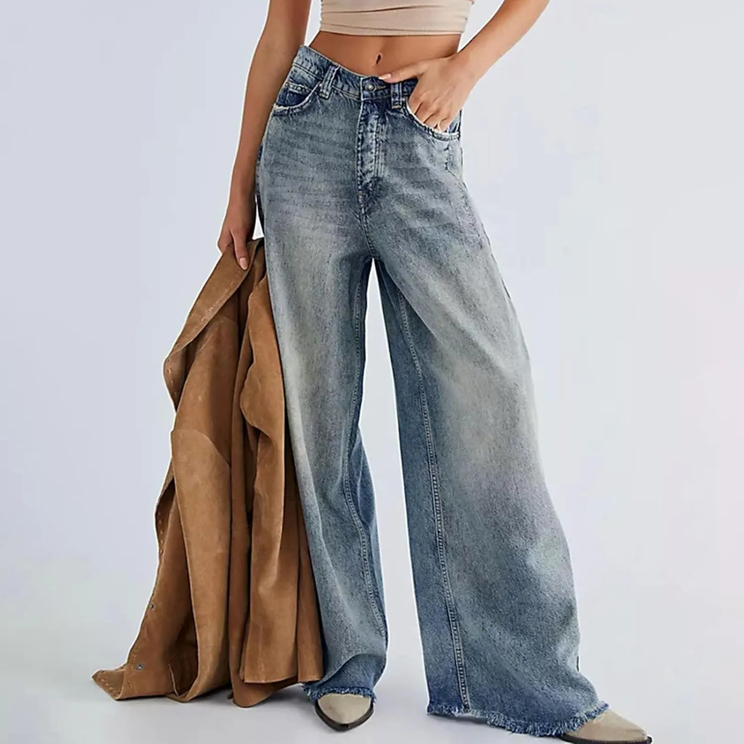 Akklian Women's Wide Leg Jeans Casual High Waisted Straight Stretch Denim Pants Frayed Raw Hem Retro 90s Baggy Jeans 2025