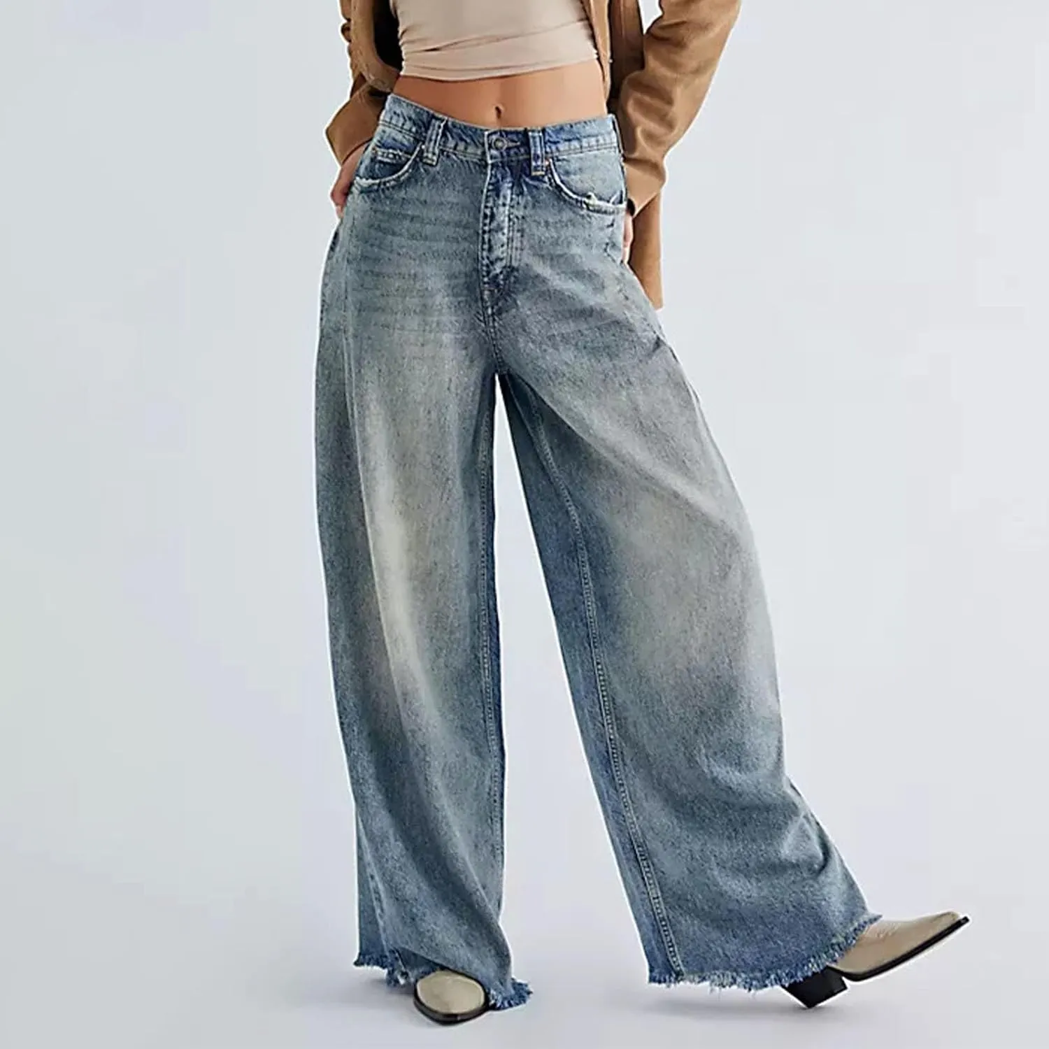 Akklian Women's Wide Leg Jeans Casual High Waisted Straight Stretch Denim Pants Frayed Raw Hem Retro 90s Baggy Jeans 2025