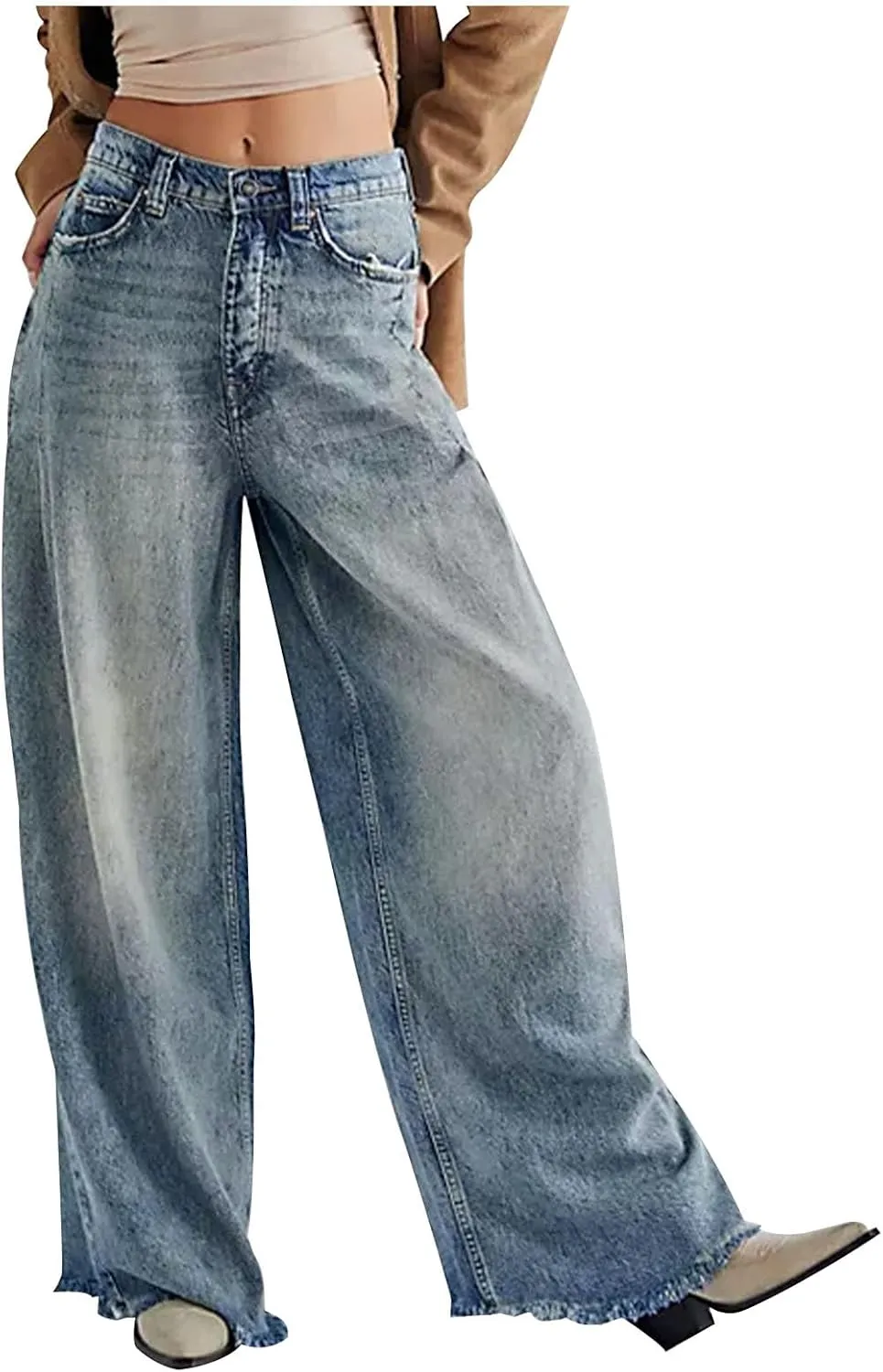 Akklian Women's Wide Leg Jeans Casual High Waisted Straight Stretch Denim Pants Frayed Raw Hem Retro 90s Baggy Jeans 2025