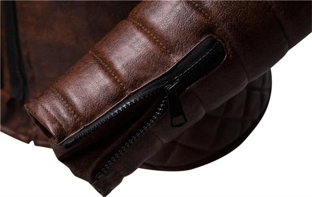 Alloaone Men's Fake 2 Pieces Hooded Leather Jacket Coats Detachable Double Zipper Motorcycle Jackets