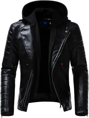 Alloaone Men's Fake 2 Pieces Hooded Leather Jacket Coats Detachable Double Zipper Motorcycle Jackets