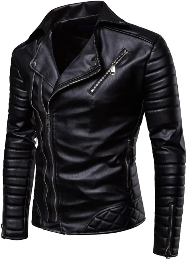Alloaone Men's Fake 2 Pieces Hooded Leather Jacket Coats Detachable Double Zipper Motorcycle Jackets
