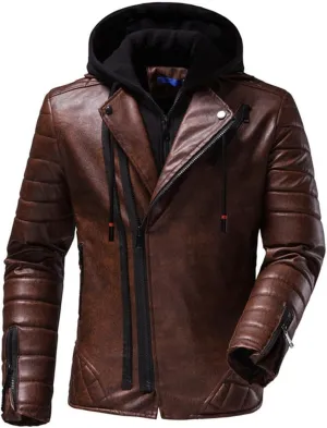 Alloaone Men's Fake 2 Pieces Hooded Leather Jacket Coats Detachable Double Zipper Motorcycle Jackets
