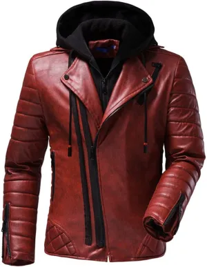 Alloaone Men's Fake 2 Pieces Hooded Leather Jacket Coats Detachable Double Zipper Motorcycle Jackets