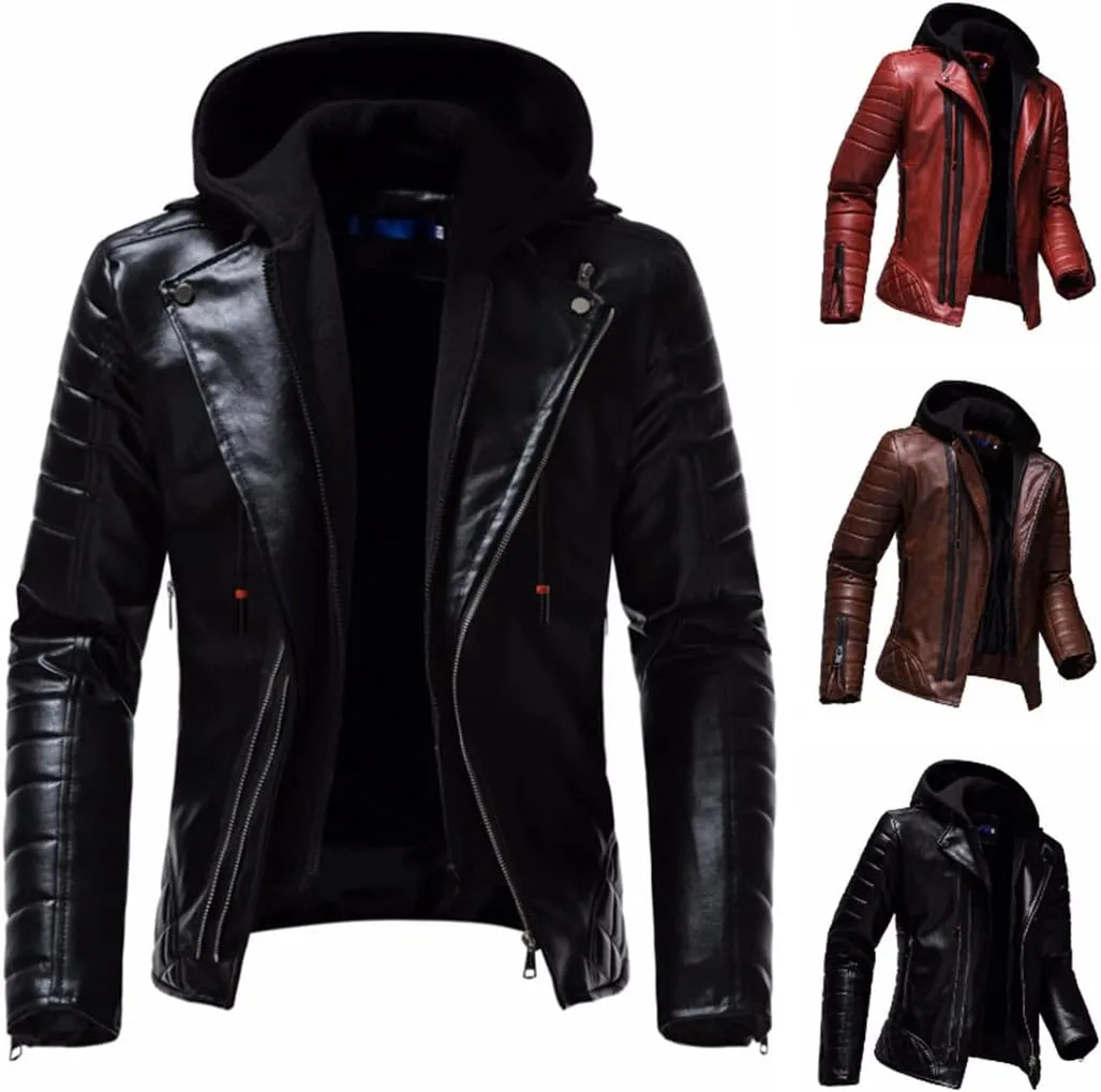 Alloaone Men's Fake 2 Pieces Hooded Leather Jacket Coats Detachable Double Zipper Motorcycle Jackets
