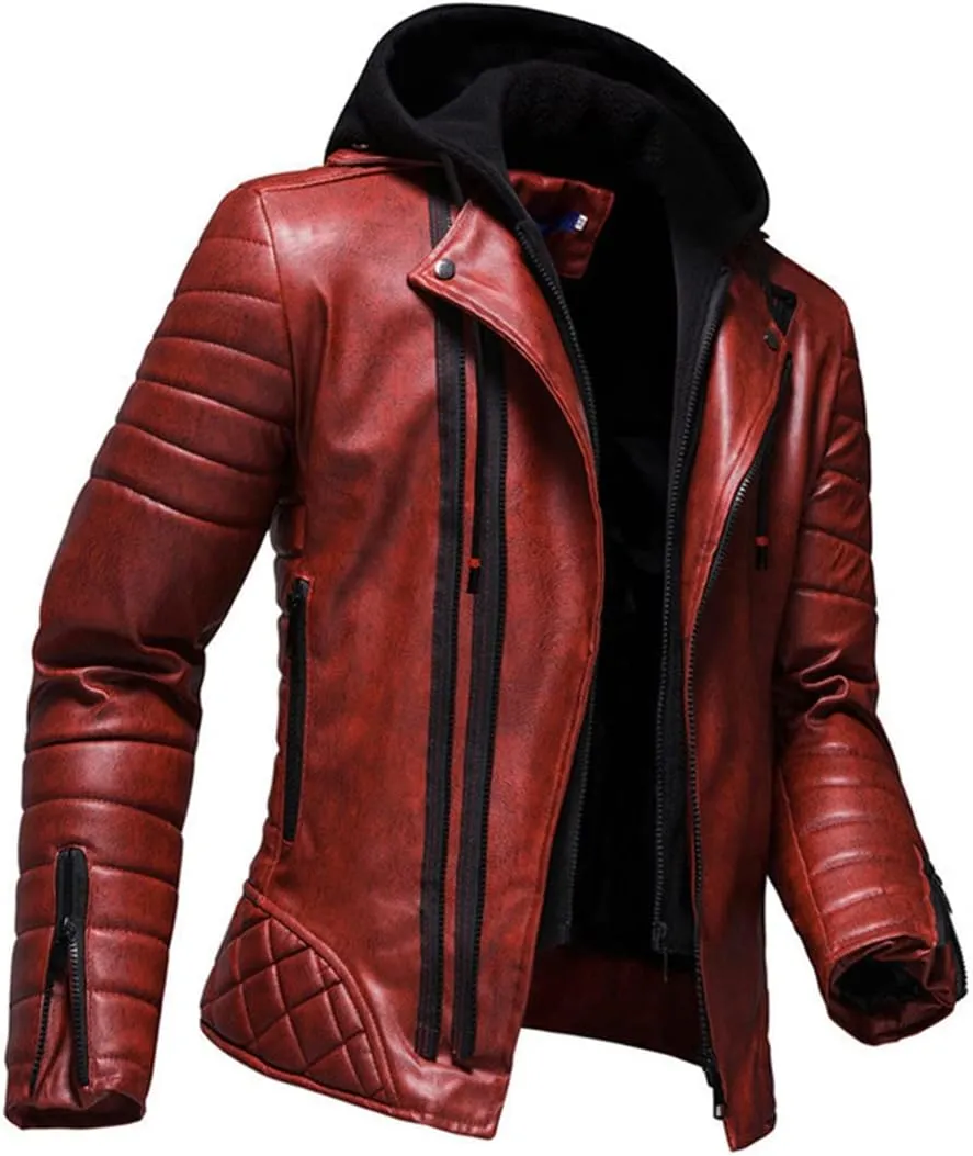 Alloaone Men's Fake 2 Pieces Hooded Leather Jacket Coats Detachable Double Zipper Motorcycle Jackets