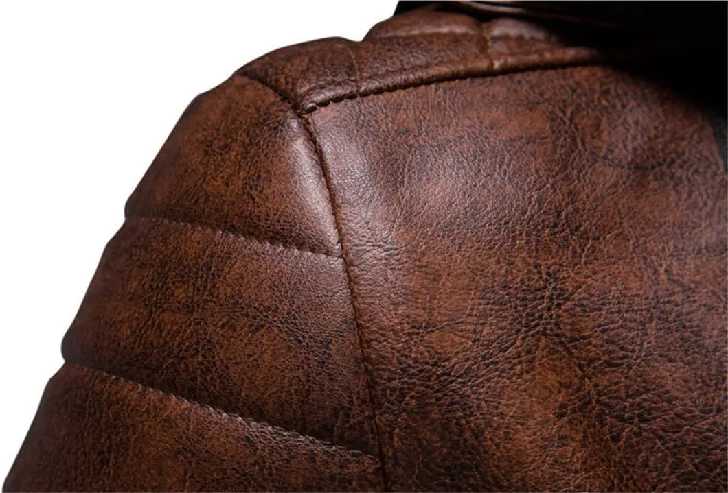 Alloaone Men's Fake 2 Pieces Hooded Leather Jacket Coats Detachable Double Zipper Motorcycle Jackets