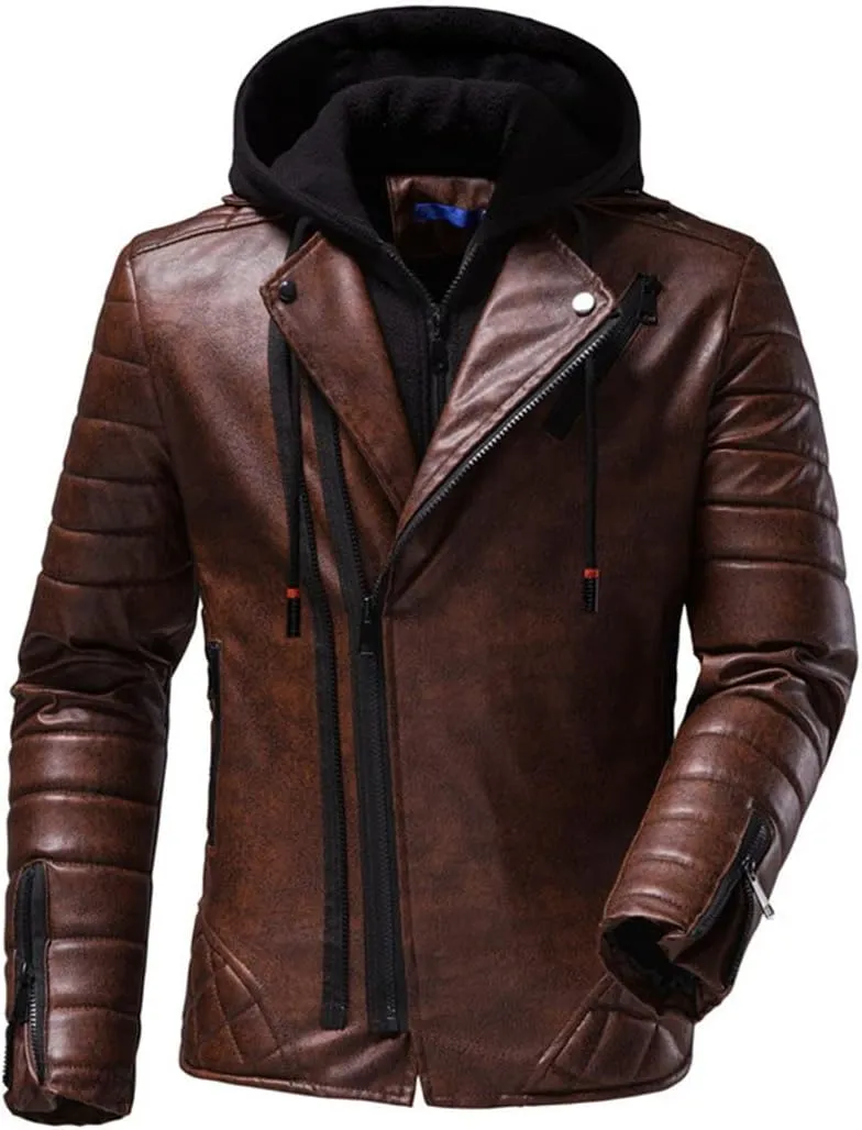Alloaone Men's Fake 2 Pieces Hooded Leather Jacket Coats Detachable Double Zipper Motorcycle Jackets