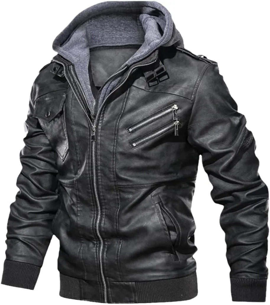 Alloaone Men's Motorcycle Leather Jacket Outwear Coats Streetwear Windbreaker Biker PU Hooded Jackets