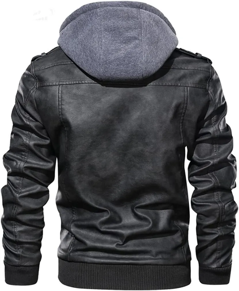 Alloaone Men's Motorcycle Leather Jacket Outwear Coats Streetwear Windbreaker Biker PU Hooded Jackets