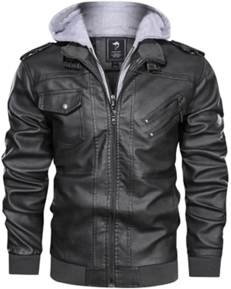 Alloaone Men's Motorcycle Leather Jacket Outwear Coats Streetwear Windbreaker Biker PU Hooded Jackets