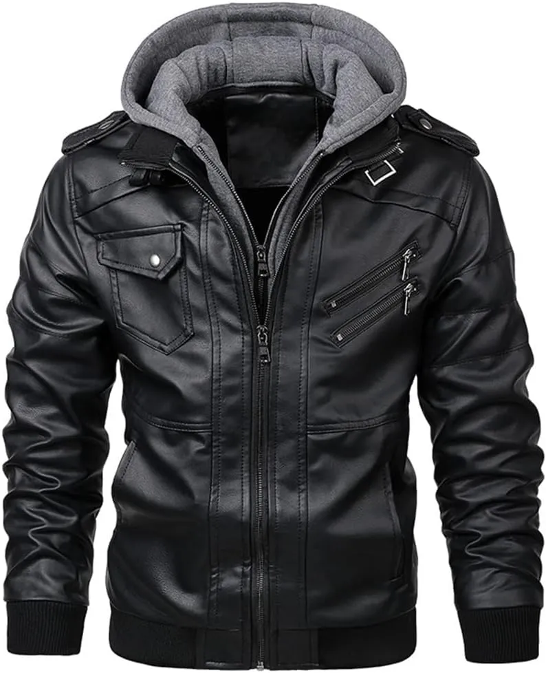 Alloaone Men's Motorcycle Leather Jacket Outwear Coats Streetwear Windbreaker Biker PU Hooded Jackets