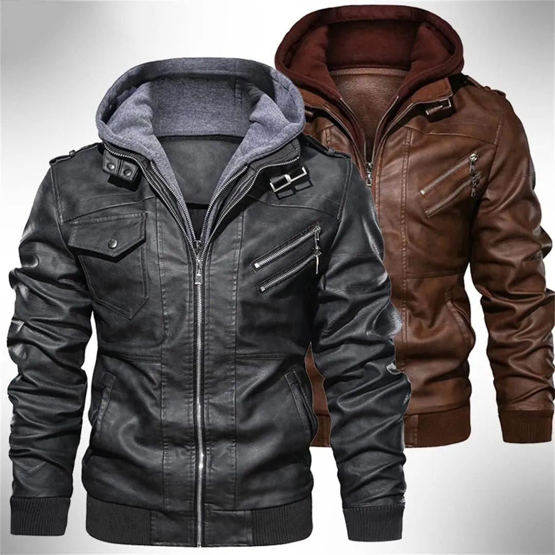 Alloaone Men's Motorcycle Leather Jacket Outwear Coats Streetwear Windbreaker Biker PU Hooded Jackets