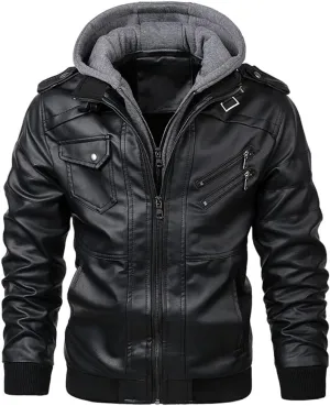 Alloaone Men's Motorcycle Leather Jacket Outwear Coats Streetwear Windbreaker Biker PU Hooded Jackets
