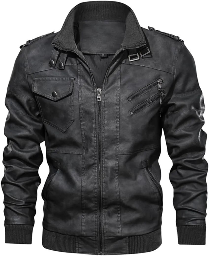 Alloaone Men's Motorcycle Leather Jacket Outwear Coats Streetwear Windbreaker Biker PU Hooded Jackets