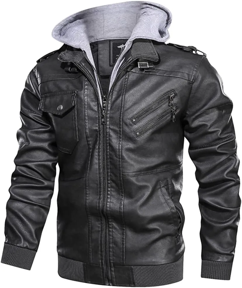 Alloaone Mens PU Leather Jacket Fleece Pilot Hooded Coats Jackets Removable Hood Motorcycle Trend Clothing