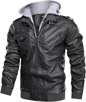 Alloaone Mens PU Leather Jacket Fleece Pilot Hooded Coats Jackets Removable Hood Motorcycle Trend Clothing