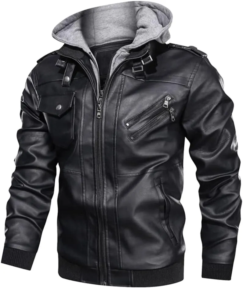 Alloaone Mens PU Leather Jacket Fleece Pilot Hooded Coats Jackets Removable Hood Motorcycle Trend Clothing