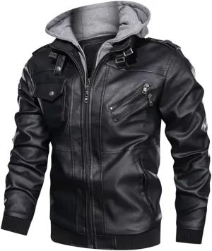 Alloaone Mens PU Leather Jacket Fleece Pilot Hooded Coats Jackets Removable Hood Motorcycle Trend Clothing