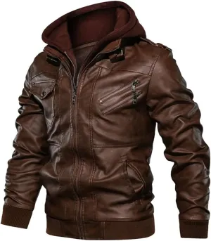 Alloaone Mens PU Leather Jacket Fleece Pilot Hooded Coats Jackets Removable Hood Motorcycle Trend Clothing