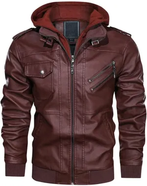 Alloaone Men's Winter Motorcycle Leather Vintage Windbreaker Hooded Jackets Outwear Warm Biker Coats