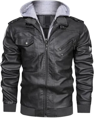 Alloaone Men's Winter Motorcycle Leather Vintage Windbreaker Hooded Jackets Outwear Warm Biker Coats