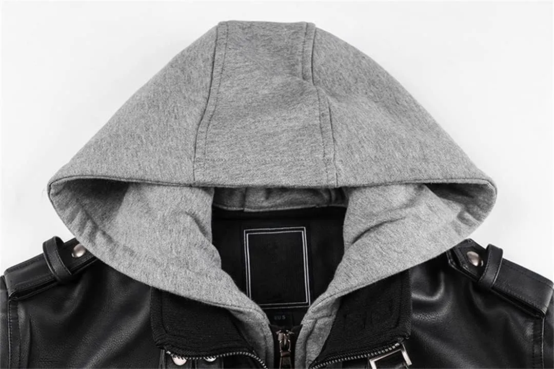 Alloaone Men's Winter Motorcycle Leather Vintage Windbreaker Hooded Jackets Outwear Warm Biker Coats