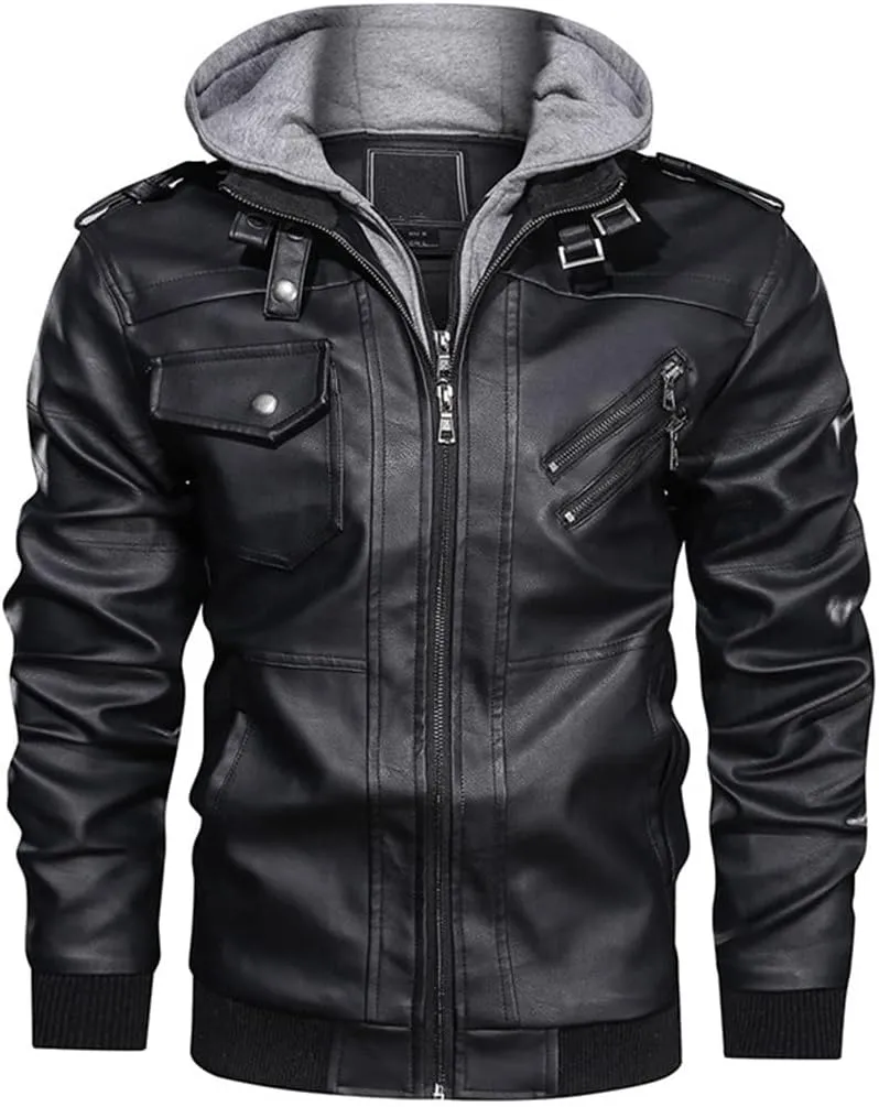 Alloaone Men's Winter Motorcycle Leather Vintage Windbreaker Hooded Jackets Outwear Warm Biker Coats