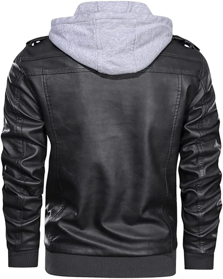 Alloaone Men's Winter Motorcycle Leather Vintage Windbreaker Hooded Jackets Outwear Warm Biker Coats