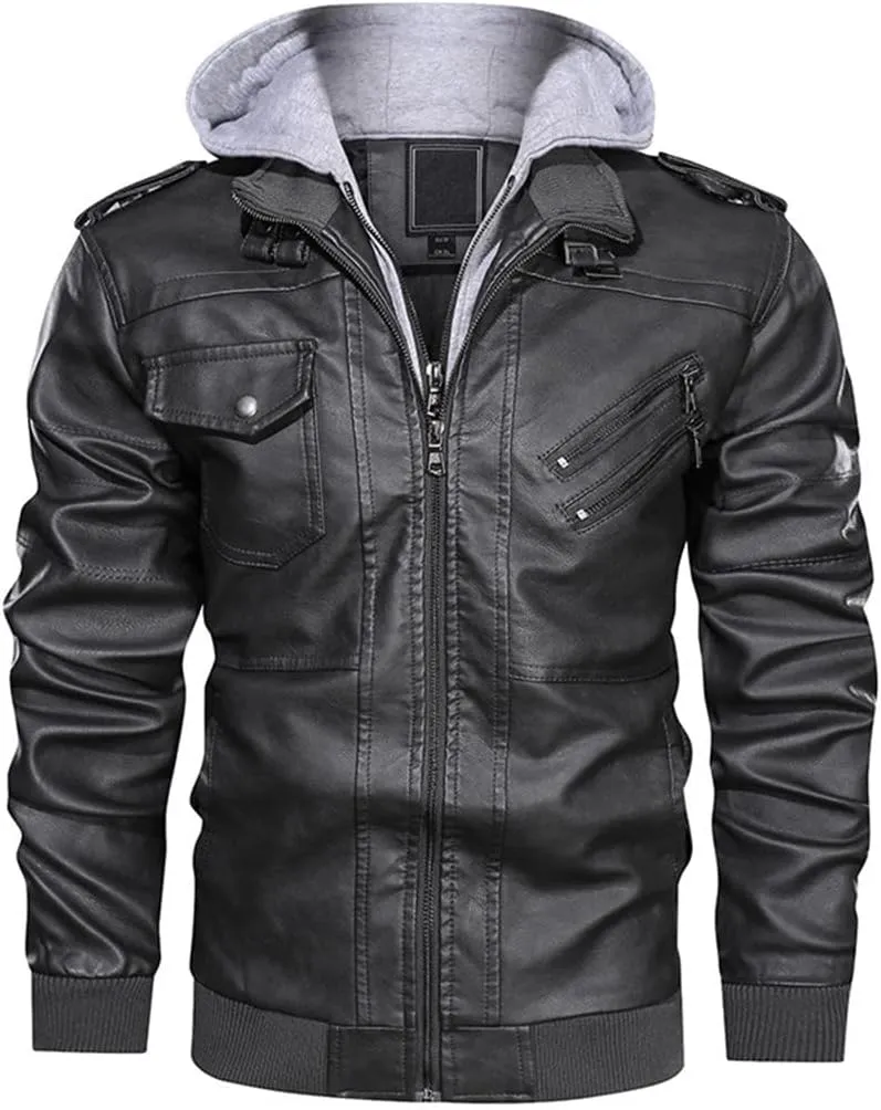 Alloaone Men's Winter Motorcycle Leather Vintage Windbreaker Hooded Jackets Outwear Warm Biker Coats