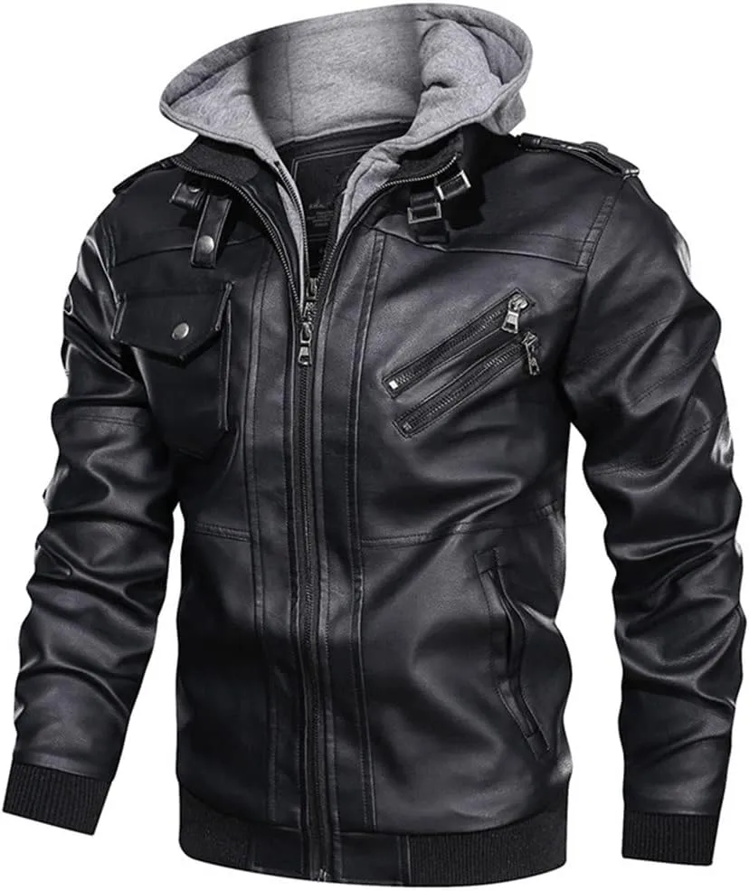 Alloaone Men's Winter Motorcycle Leather Vintage Windbreaker Hooded Jackets Outwear Warm Biker Coats