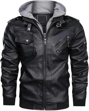 Alloaone Men's Winter Motorcycle Leather Vintage Windbreaker Hooded Jackets Outwear Warm Biker Coats