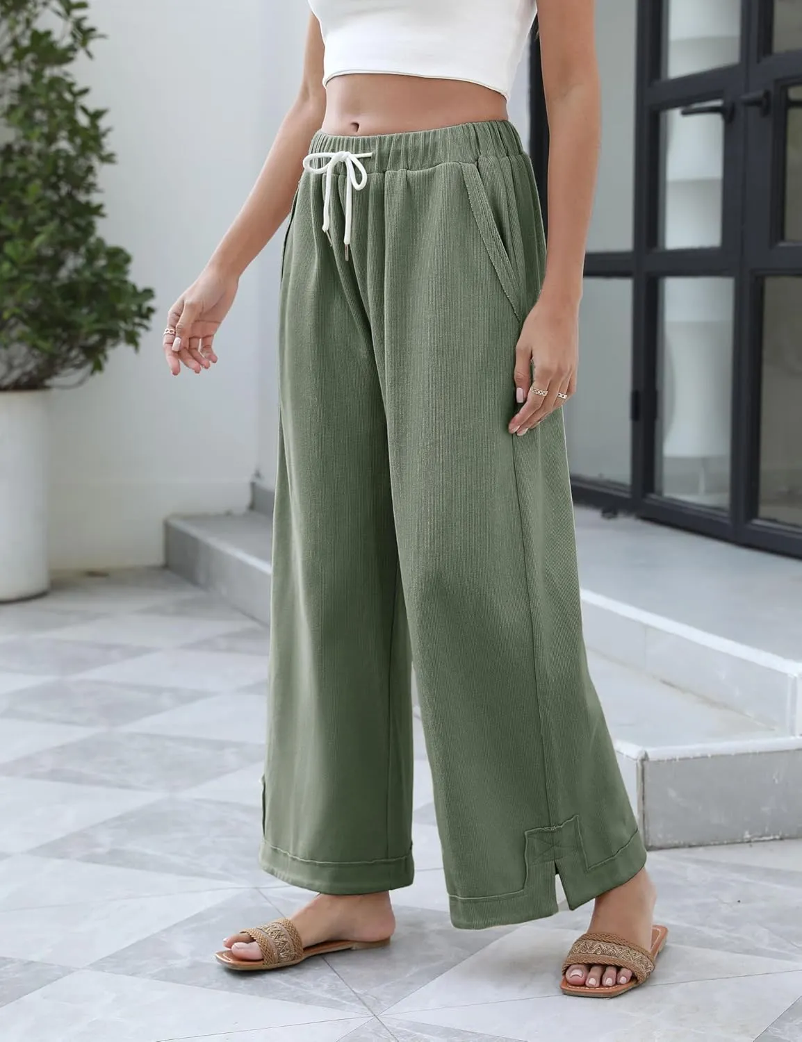 Athlisan Womens Baggy Wide Leg Palazzo Pants Casual Loose Drawstring Elastic Waisted Lounge Trousers with Pockets
