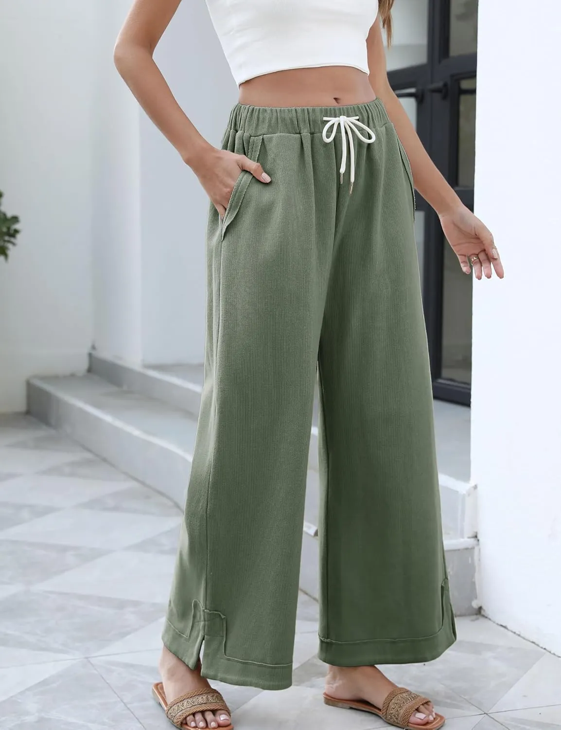 Athlisan Womens Baggy Wide Leg Palazzo Pants Casual Loose Drawstring Elastic Waisted Lounge Trousers with Pockets