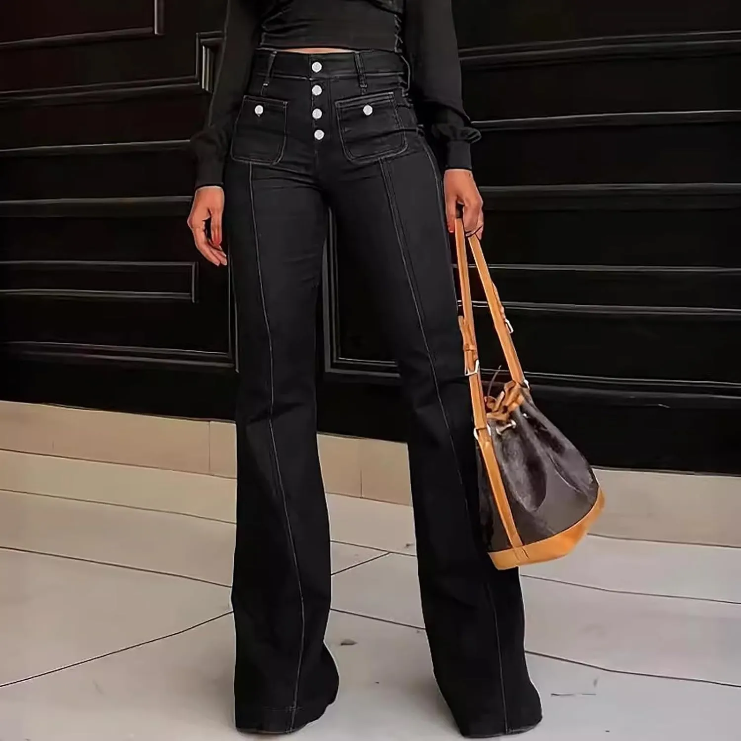 Bell Bottom Jeans for Women Ripped Skinny Bell Bottom Ladies Elastic Skinny Flared Raw Hem Flare Denim Pants
