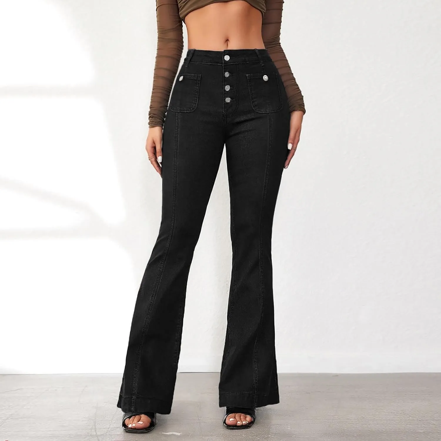 Bell Bottom Jeans for Women Ripped Skinny Bell Bottom Ladies Elastic Skinny Flared Raw Hem Flare Denim Pants