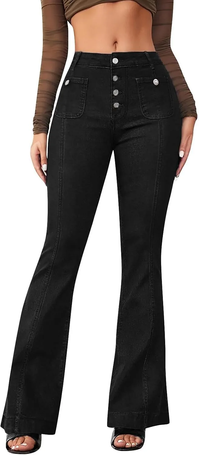 Bell Bottom Jeans for Women Ripped Skinny Bell Bottom Ladies Elastic Skinny Flared Raw Hem Flare Denim Pants