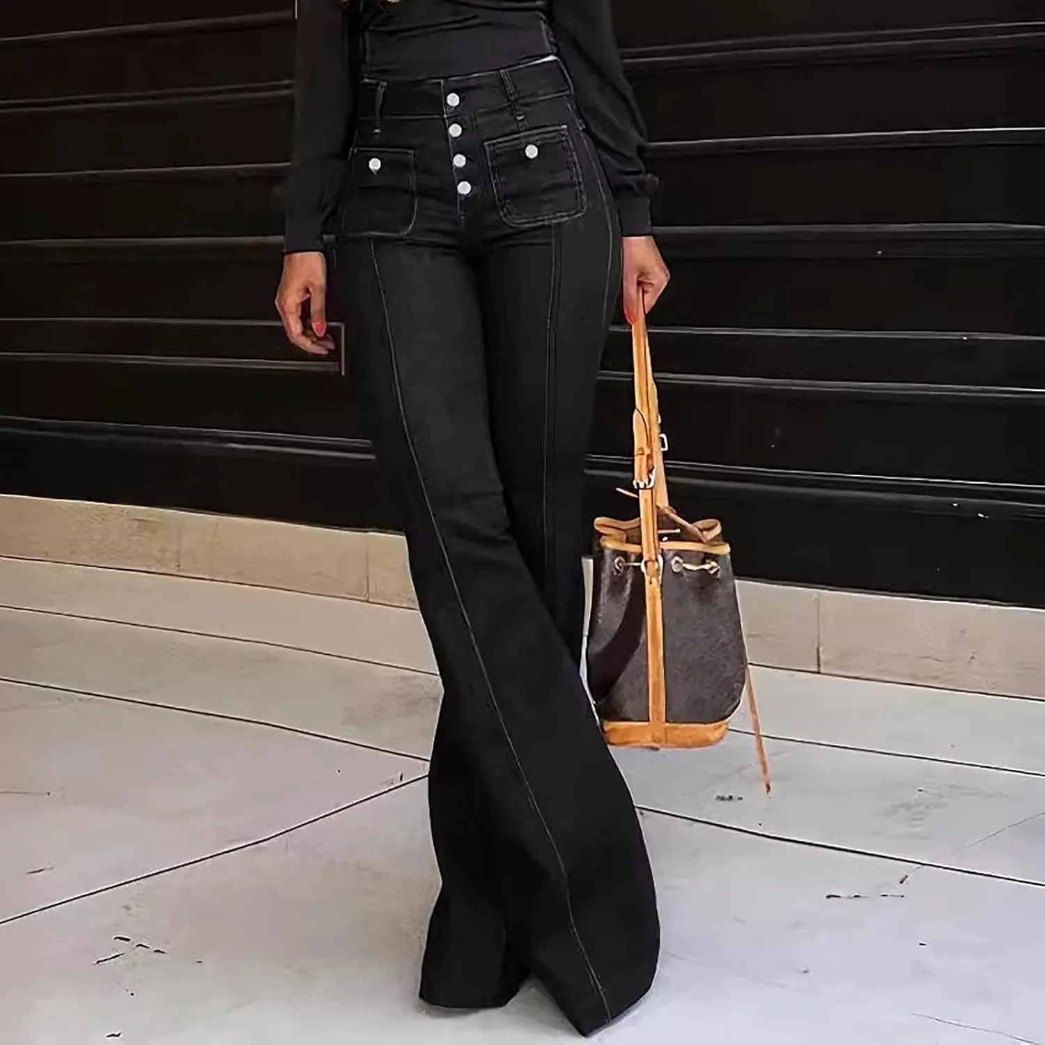 Bell Bottom Jeans for Women Ripped Skinny Bell Bottom Ladies Elastic Skinny Flared Raw Hem Flare Denim Pants