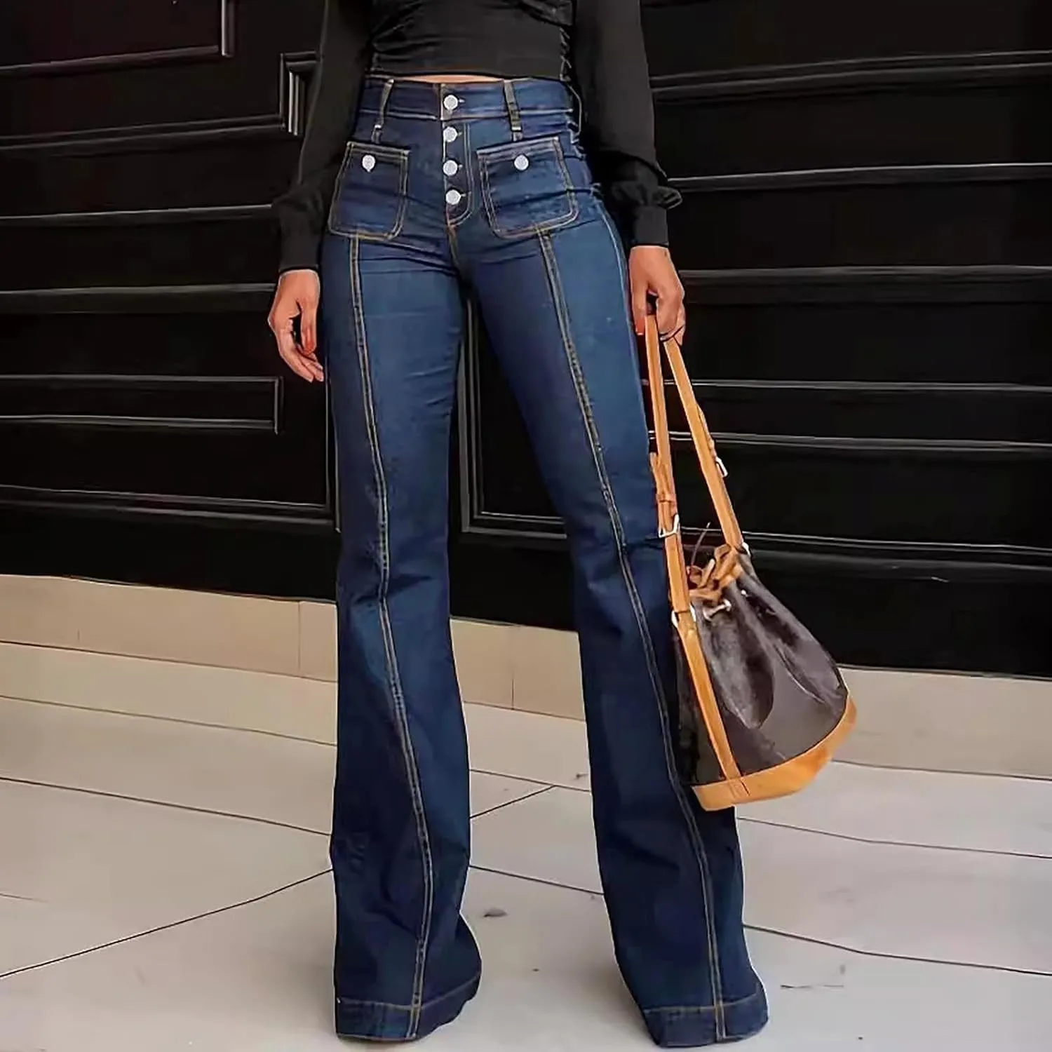 Bell Bottom Jeans for Women Ripped Skinny Bell Bottom Ladies Elastic Skinny Flared Raw Hem Flare Denim Pants