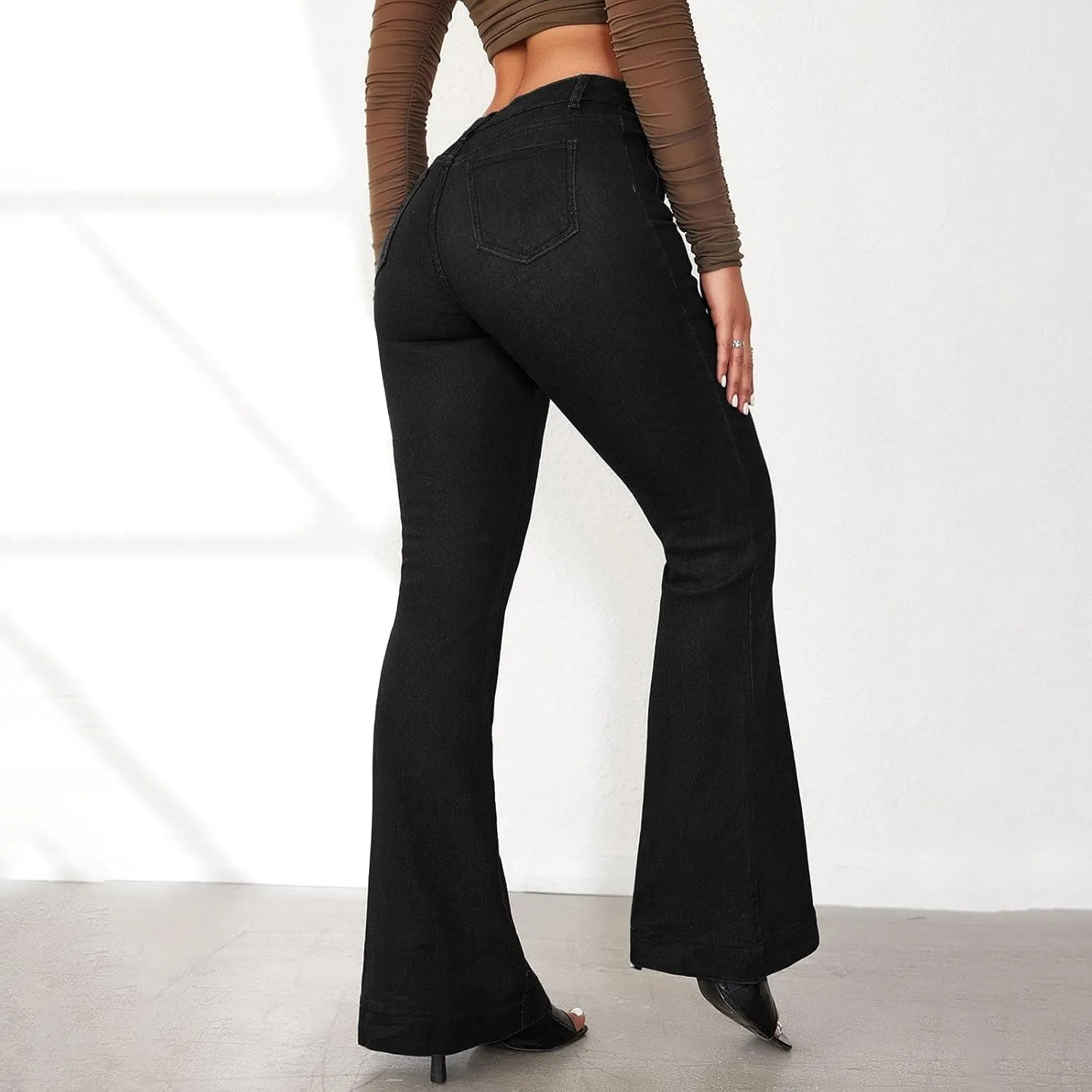 Bell Bottom Jeans for Women Ripped Skinny Bell Bottom Ladies Elastic Skinny Flared Raw Hem Flare Denim Pants