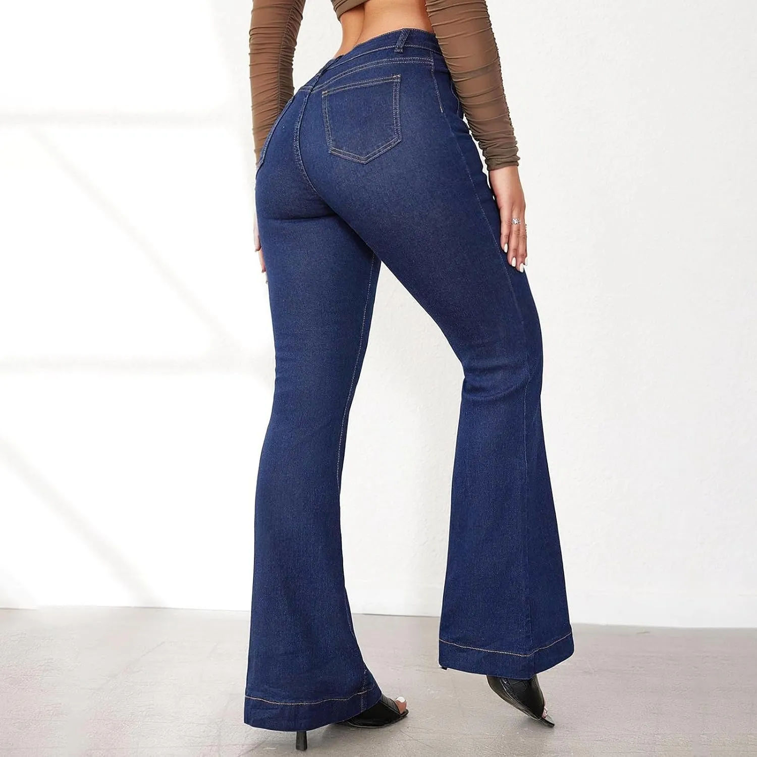 Bell Bottom Jeans for Women Ripped Skinny Bell Bottom Ladies Elastic Skinny Flared Raw Hem Flare Denim Pants