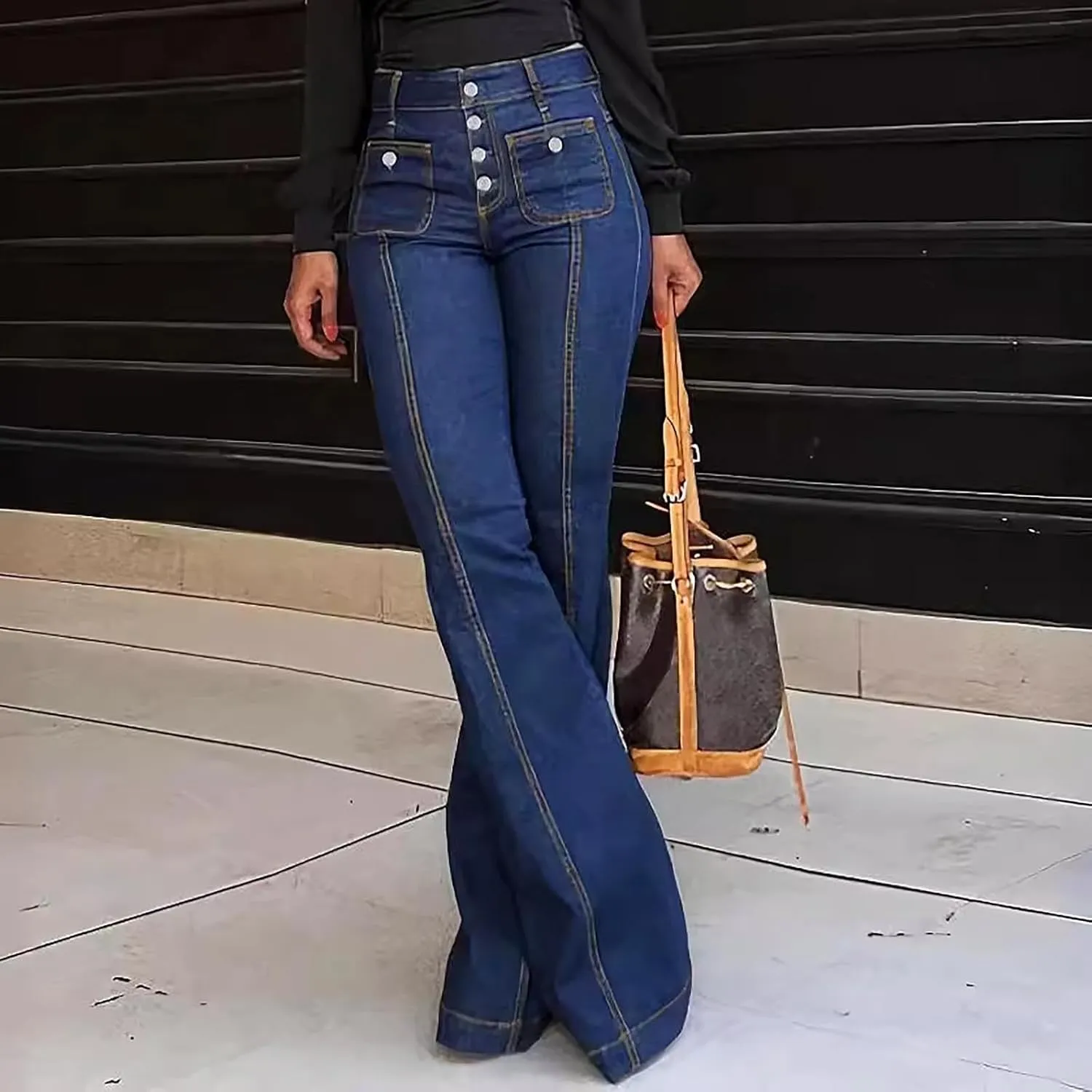 Bell Bottom Jeans for Women Ripped Skinny Bell Bottom Ladies Elastic Skinny Flared Raw Hem Flare Denim Pants