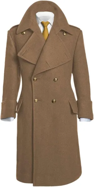 Casual Men's Regular Fit Long Overcoat Wool Blend Pea Jacket Double Breasted Notch Lapel Trench Coat in Winter